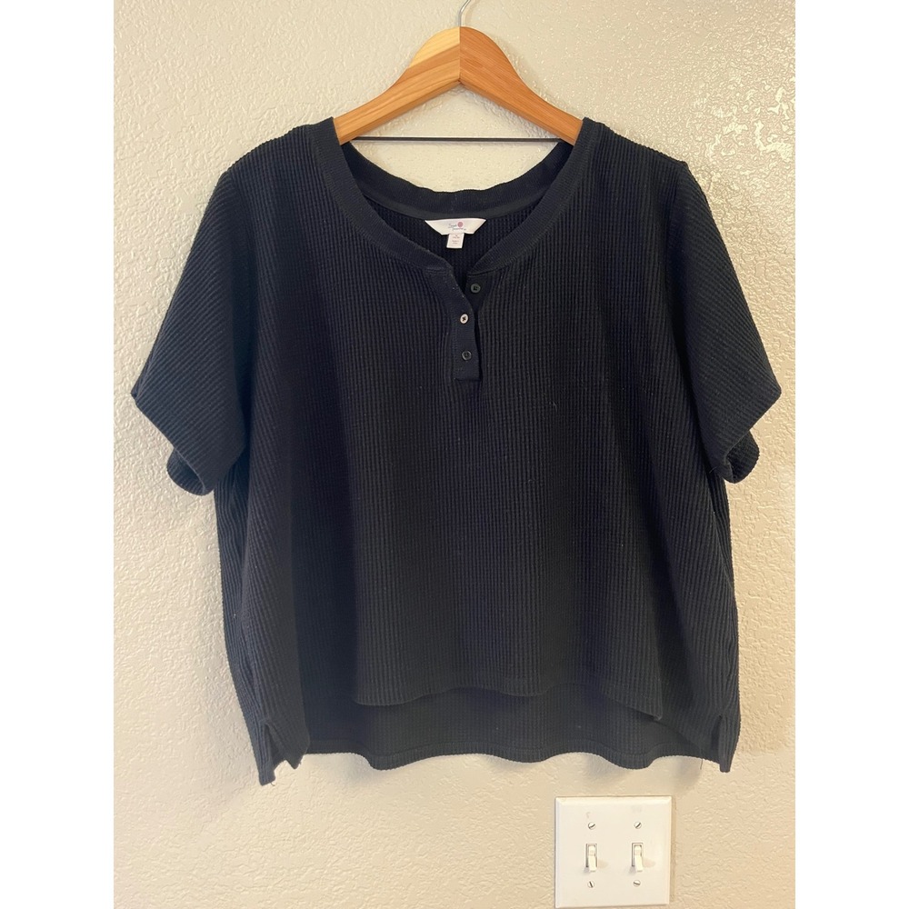 Secret Treasures Womens XL Black Waffle Knit Henley Short Sleeve Top